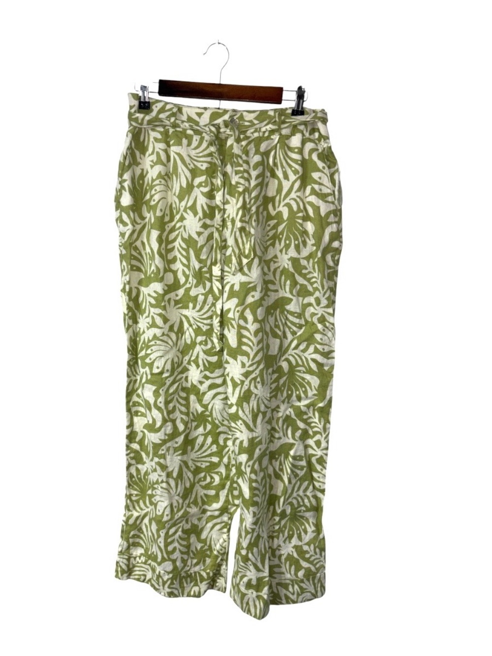 NEW Rachel Zoe 100% Linen Green & White Wide Leg Pant Resort Vacation Size Large